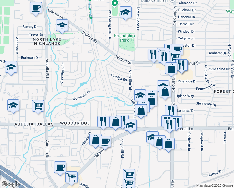 map of restaurants, bars, coffee shops, grocery stores, and more near 10627 Black Walnut Drive in Dallas