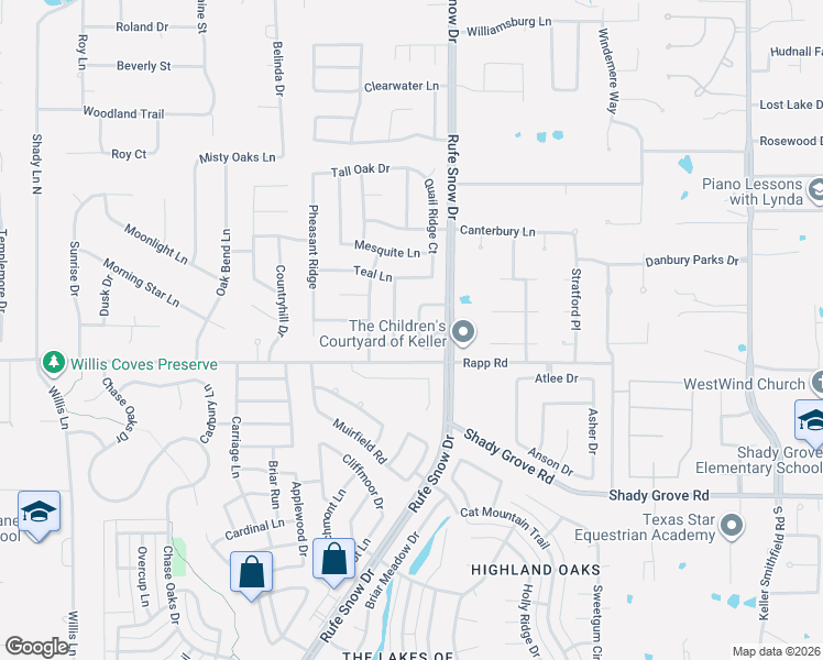 map of restaurants, bars, coffee shops, grocery stores, and more near 1216 Verona Way in Keller