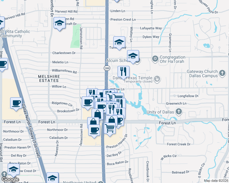 map of restaurants, bars, coffee shops, grocery stores, and more near 12065 De Or Drive in Dallas