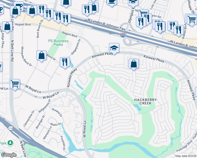 map of restaurants, bars, coffee shops, grocery stores, and more near 2644 Brookside Drive in Irving
