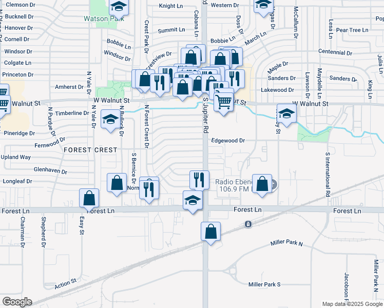 map of restaurants, bars, coffee shops, grocery stores, and more near 3518 Cherryhill Lane in Garland