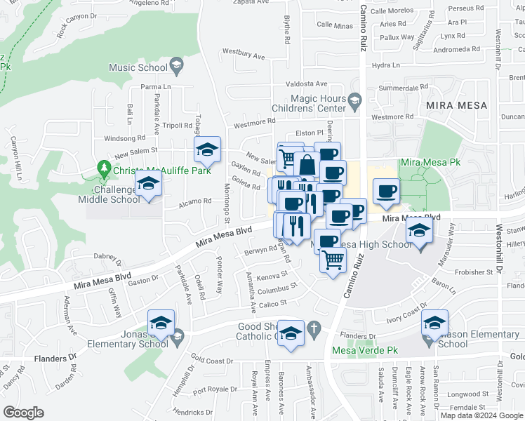 map of restaurants, bars, coffee shops, grocery stores, and more near 7960 Landon Place in San Diego