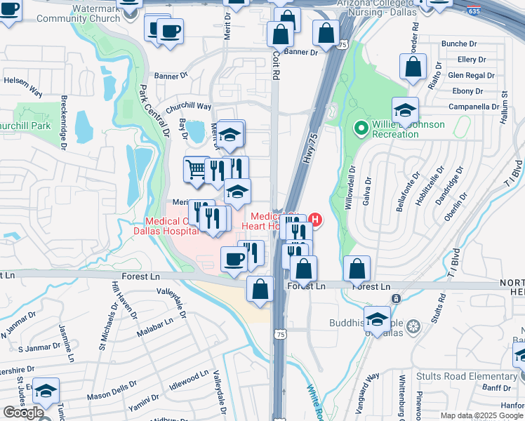 map of restaurants, bars, coffee shops, grocery stores, and more near 2 Kingfish Lane in Dallas