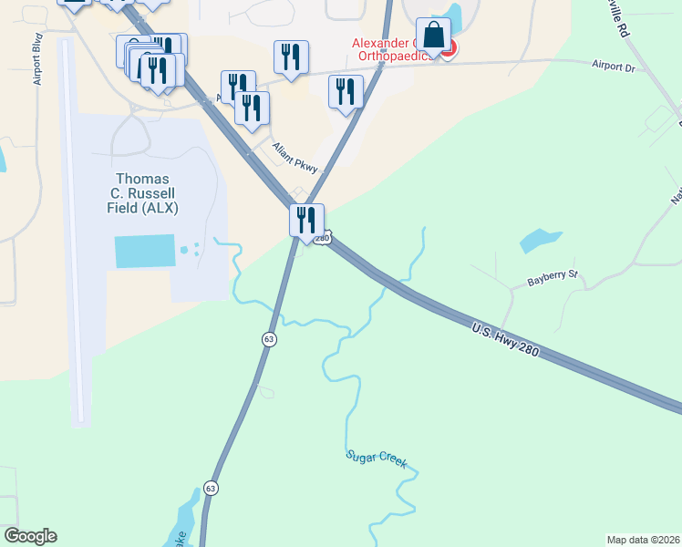 map of restaurants, bars, coffee shops, grocery stores, and more near 5000 U.S. 280 in Alexander City