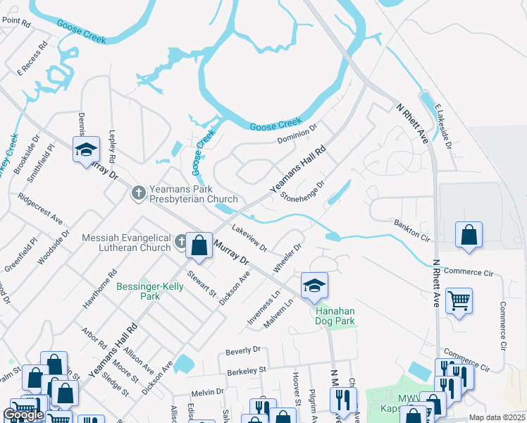 map of restaurants, bars, coffee shops, grocery stores, and more near 5895 Lakeview Place in Hanahan