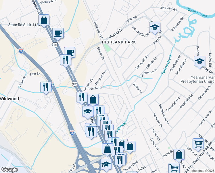 map of restaurants, bars, coffee shops, grocery stores, and more near 6262 Lucille Drive in North Charleston