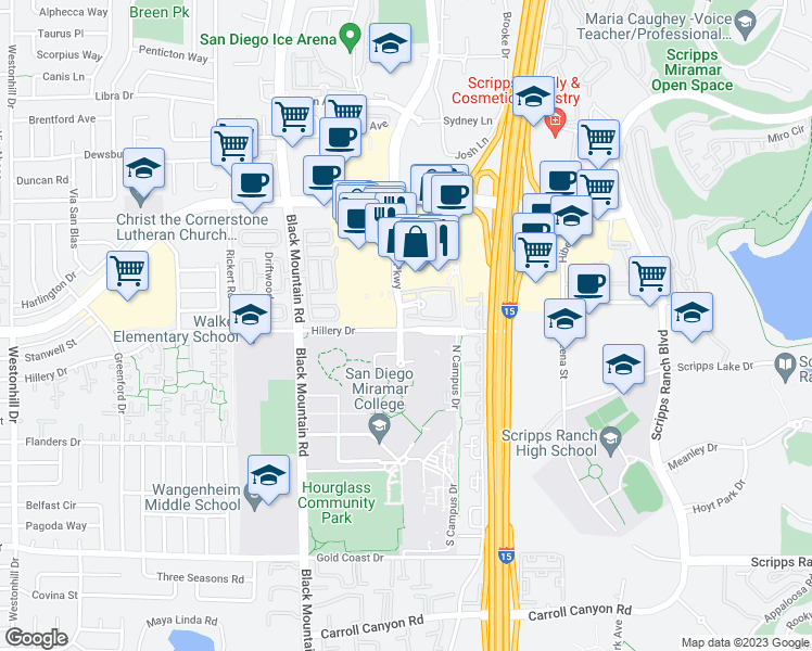 map of restaurants, bars, coffee shops, grocery stores, and more near 9304 Westview Parkway in San Diego