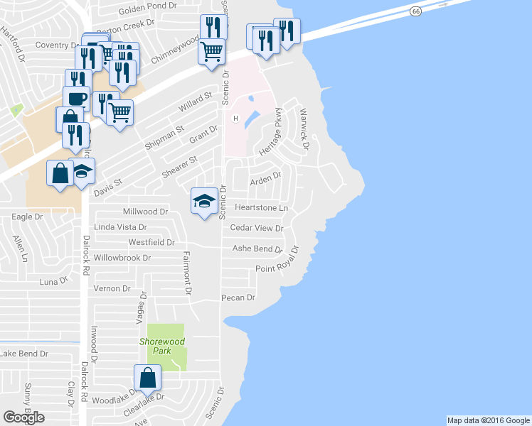 map of restaurants, bars, coffee shops, grocery stores, and more near 9614 Heartstone Lane in Rockwall
