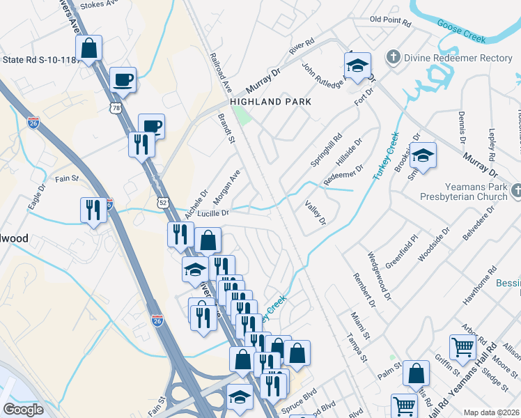 map of restaurants, bars, coffee shops, grocery stores, and more near 6262 Lucille Drive in North Charleston