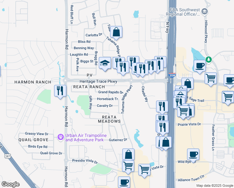 map of restaurants, bars, coffee shops, grocery stores, and more near 2424 Grand Rapids Drive in Fort Worth