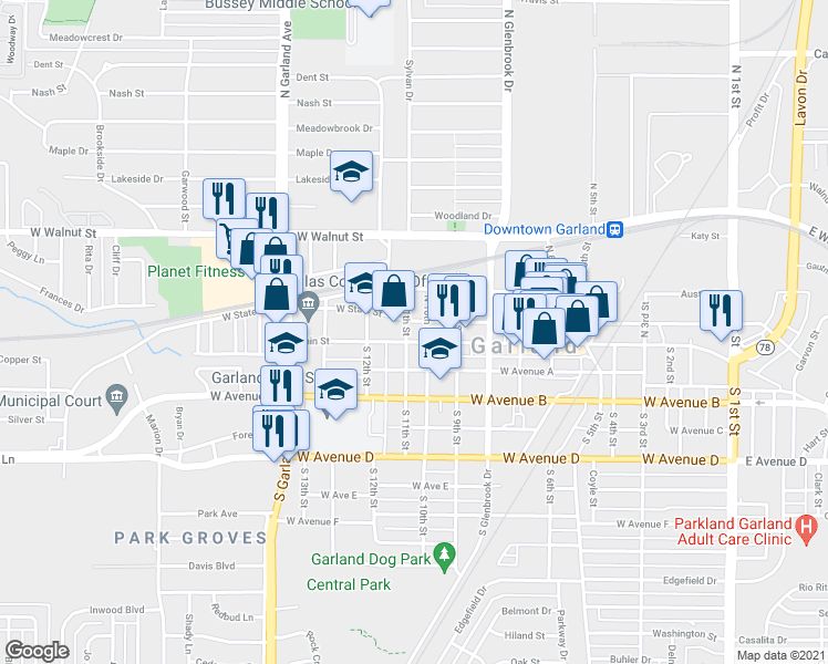 map of restaurants, bars, coffee shops, grocery stores, and more near 106 North 11th Street in Garland