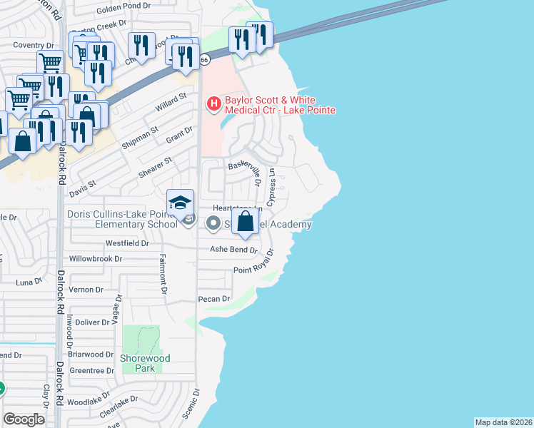 map of restaurants, bars, coffee shops, grocery stores, and more near 405 Point Royal Drive in Rockwall