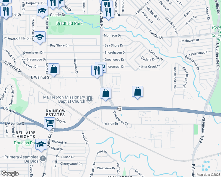 map of restaurants, bars, coffee shops, grocery stores, and more near 338 Myrtle Beach Drive in Garland