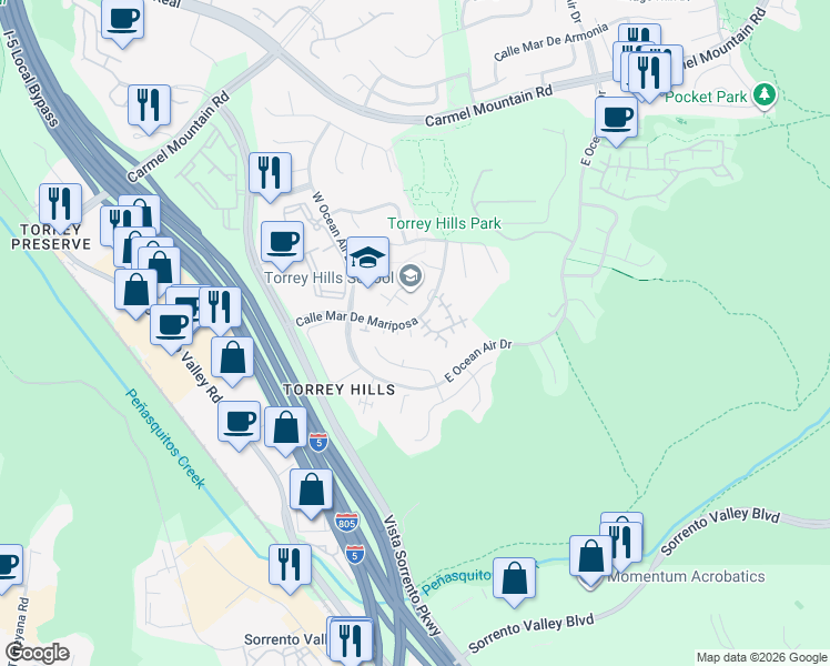 map of restaurants, bars, coffee shops, grocery stores, and more near 10809 Calle Mar De Mariposa in San Diego