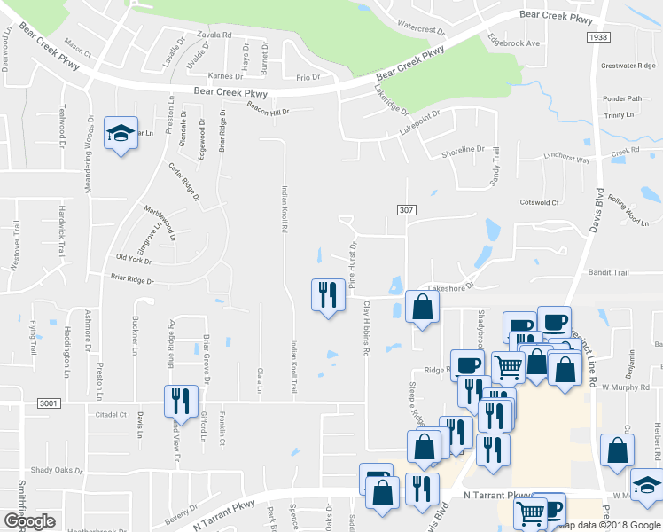 map of restaurants, bars, coffee shops, grocery stores, and more near 2400 Spyglass Court in Keller