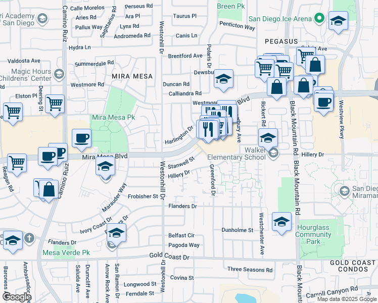 map of restaurants, bars, coffee shops, grocery stores, and more near 8845 Mira Mesa Boulevard in San Diego