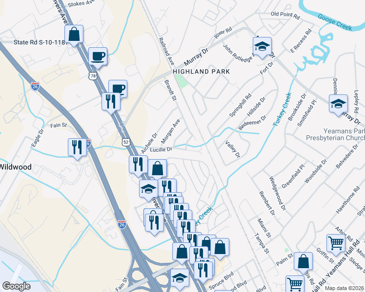 map of restaurants, bars, coffee shops, grocery stores, and more near 6262 Lucille Drive in North Charleston