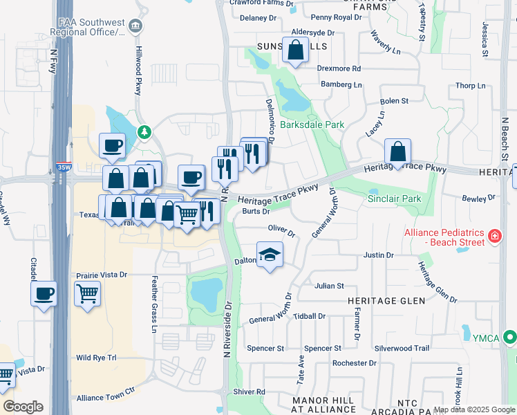 map of restaurants, bars, coffee shops, grocery stores, and more near 3525 Burts Drive in Fort Worth