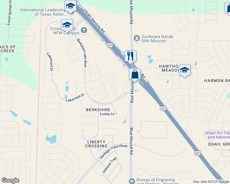 map of restaurants, bars, coffee shops, grocery stores, and more near 9912 Haversham Drive in Fort Worth