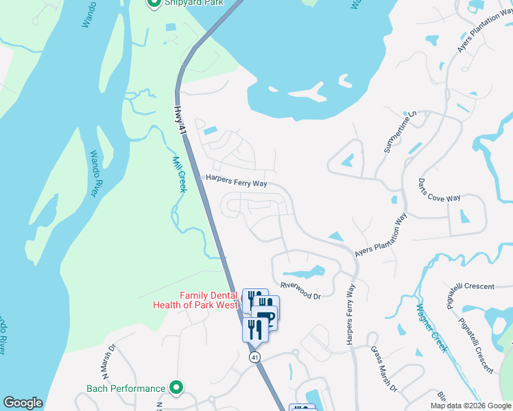 map of restaurants, bars, coffee shops, grocery stores, and more near 3140 Sturbridge Road in Mount Pleasant