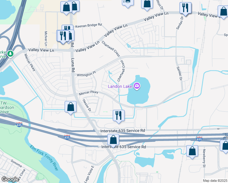 map of restaurants, bars, coffee shops, grocery stores, and more near 1785 Bramshaw Trail in Farmers Branch