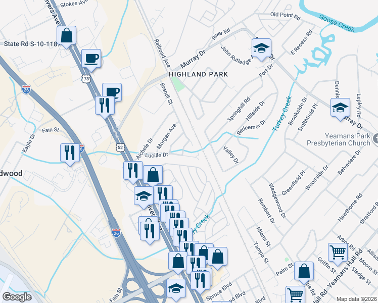 map of restaurants, bars, coffee shops, grocery stores, and more near 6262 Lucille Drive in North Charleston