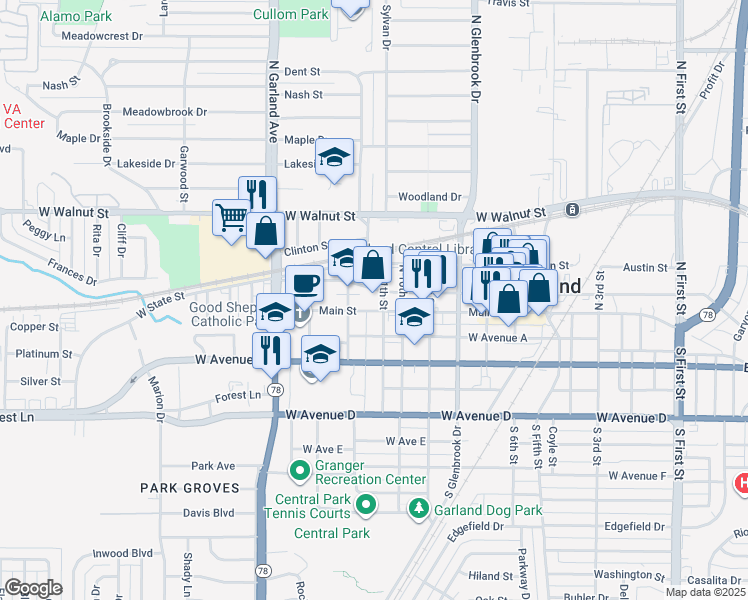 map of restaurants, bars, coffee shops, grocery stores, and more near 106 North 11th Street in Garland
