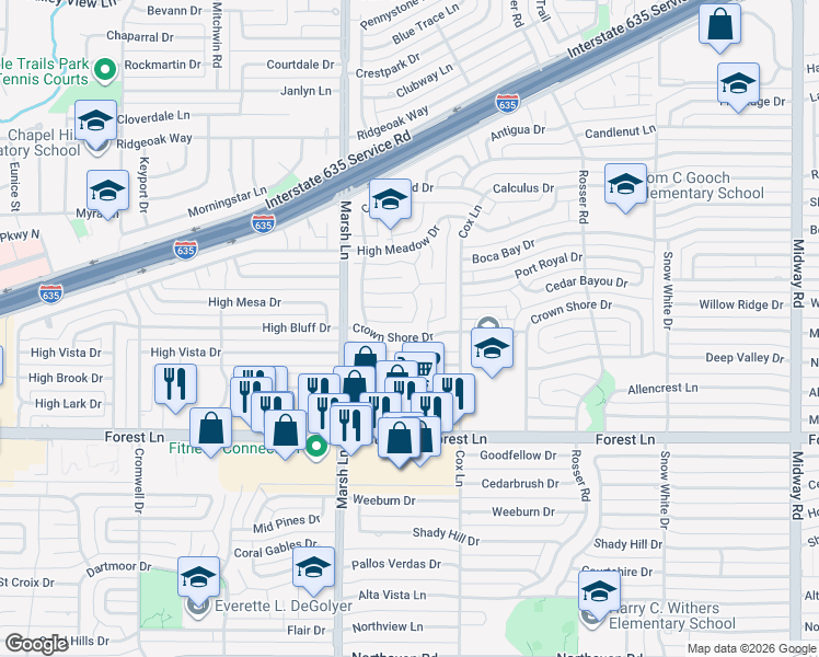map of restaurants, bars, coffee shops, grocery stores, and more near 3755 Crown Shore Drive in Dallas