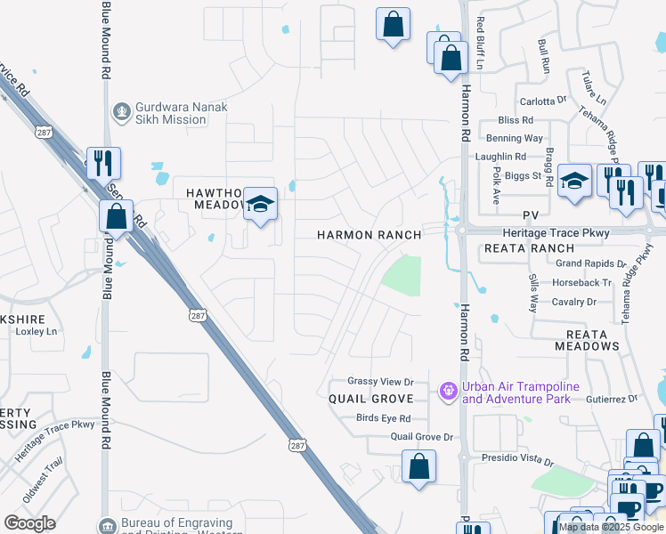 map of restaurants, bars, coffee shops, grocery stores, and more near 1408 Soaptree Lane in Fort Worth