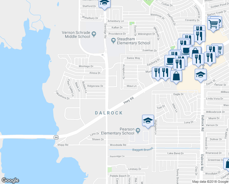 map of restaurants, bars, coffee shops, grocery stores, and more near 5800 Chiesa Road in Rowlett