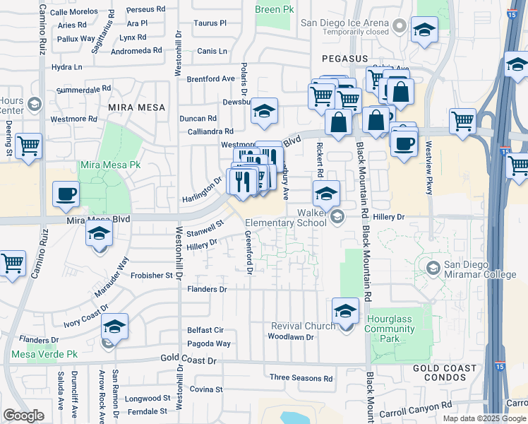 map of restaurants, bars, coffee shops, grocery stores, and more near 8996 Cord Lane in San Diego