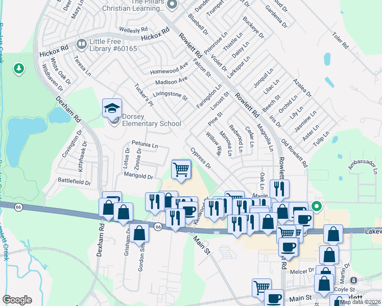 map of restaurants, bars, coffee shops, grocery stores, and more near 6014 Cypress Drive in Rowlett