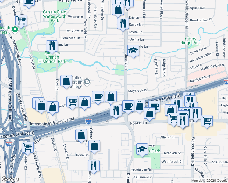 map of restaurants, bars, coffee shops, grocery stores, and more near 2810 Sunny Hill Lane in Farmers Branch