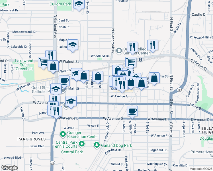 map of restaurants, bars, coffee shops, grocery stores, and more near 800 West State Street in Garland