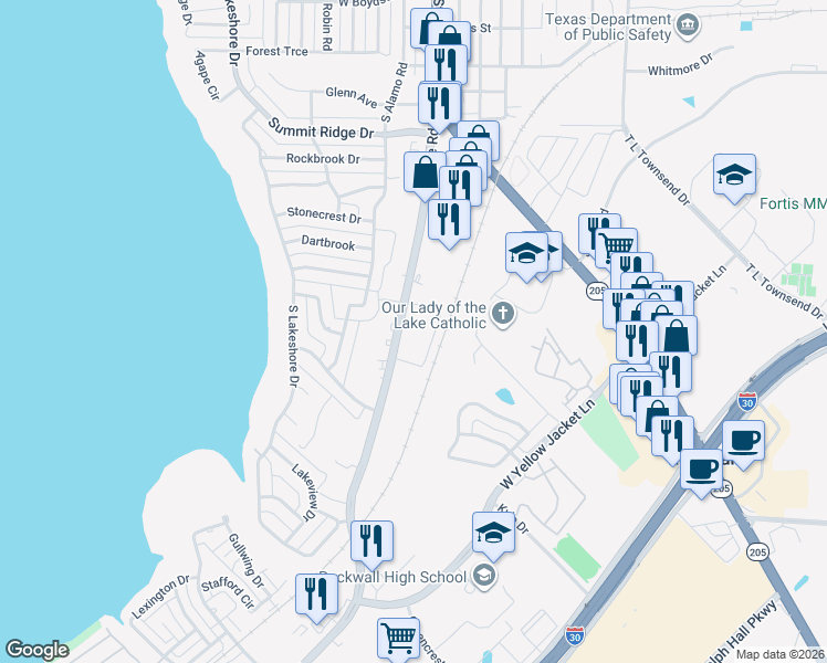 map of restaurants, bars, coffee shops, grocery stores, and more near 1389 Ridge Road in Rockwall