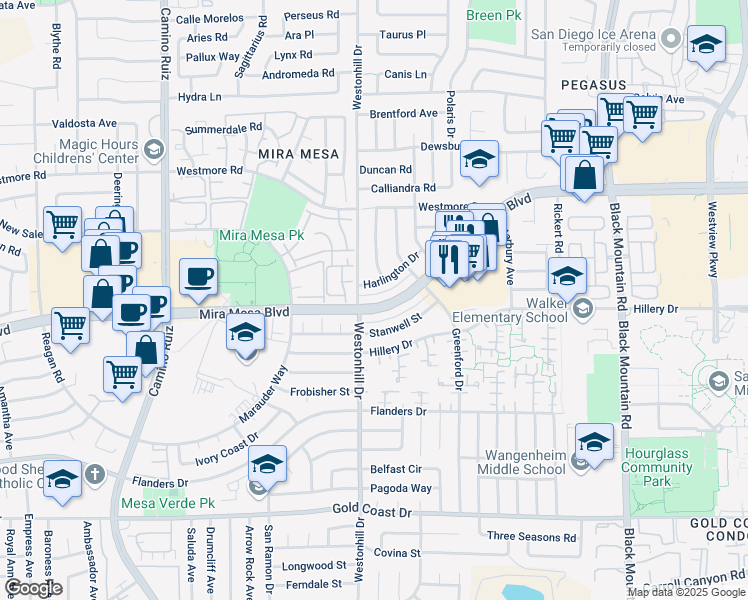 map of restaurants, bars, coffee shops, grocery stores, and more near 8780 Mira Mesa Boulevard in San Diego
