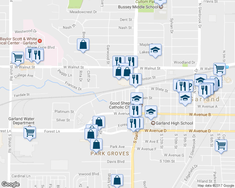map of restaurants, bars, coffee shops, grocery stores, and more near 112A McKinley Street in Garland