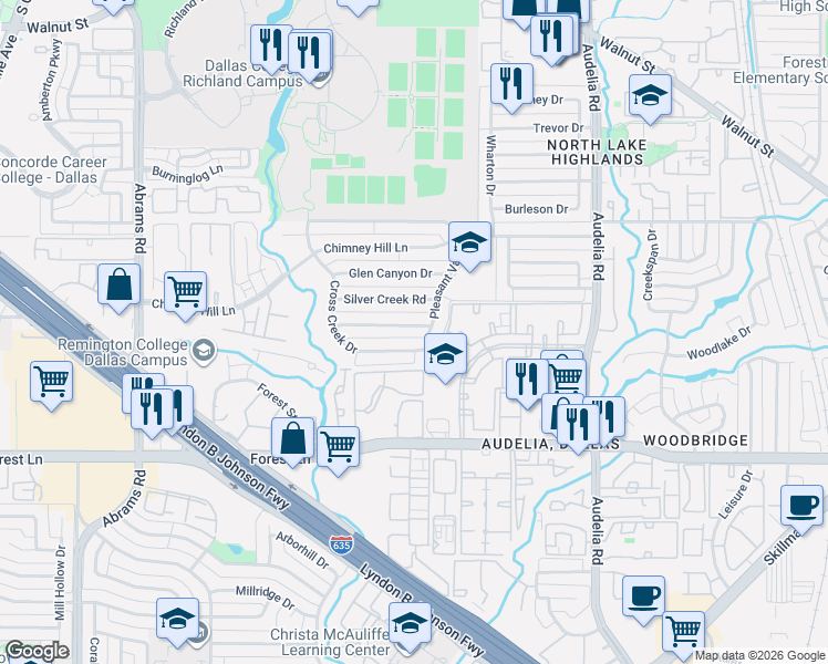 map of restaurants, bars, coffee shops, grocery stores, and more near 10018 Hickory Crossing in Dallas