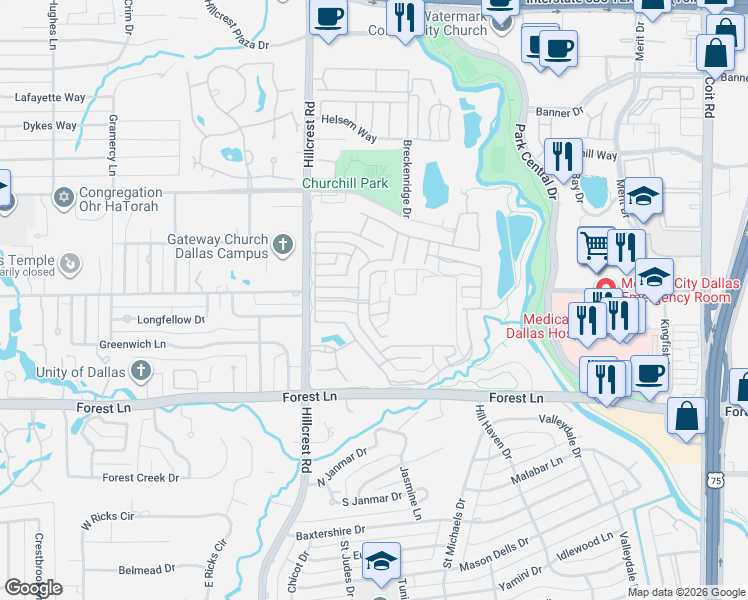 map of restaurants, bars, coffee shops, grocery stores, and more near 7019 Preston Grove Lane in Dallas