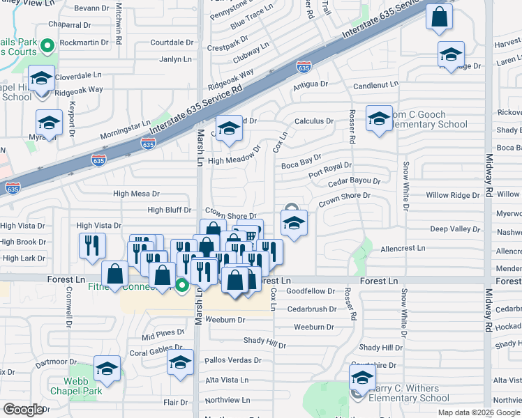 map of restaurants, bars, coffee shops, grocery stores, and more near 3786 Crown Shore Drive in Dallas