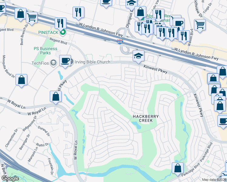 map of restaurants, bars, coffee shops, grocery stores, and more near 2313 Pistachio Drive in Irving
