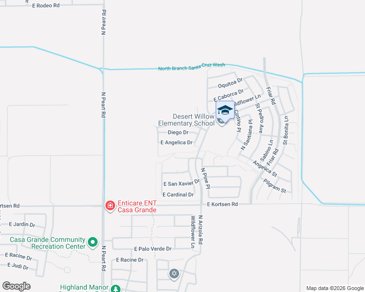 map of restaurants, bars, coffee shops, grocery stores, and more near 1663 East Angelica Drive in Casa Grande