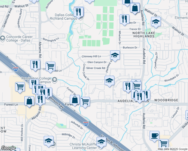 map of restaurants, bars, coffee shops, grocery stores, and more near 12128 Cross Creek Drive in Dallas