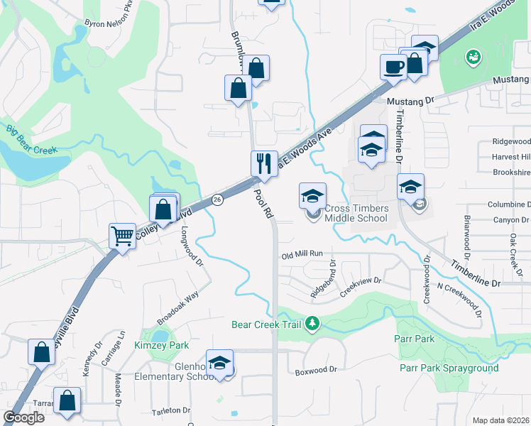 map of restaurants, bars, coffee shops, grocery stores, and more near 2300 Pool Road in Grapevine