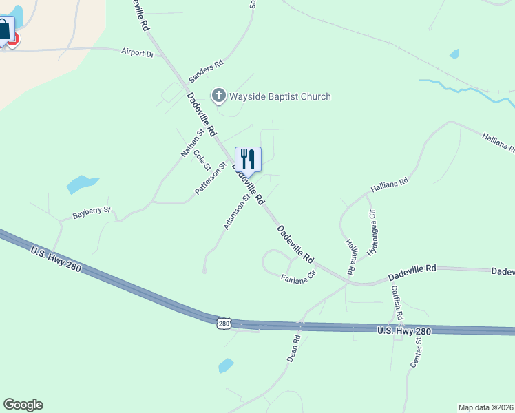 map of restaurants, bars, coffee shops, grocery stores, and more near 3024 Dadeville Road in Alexander City