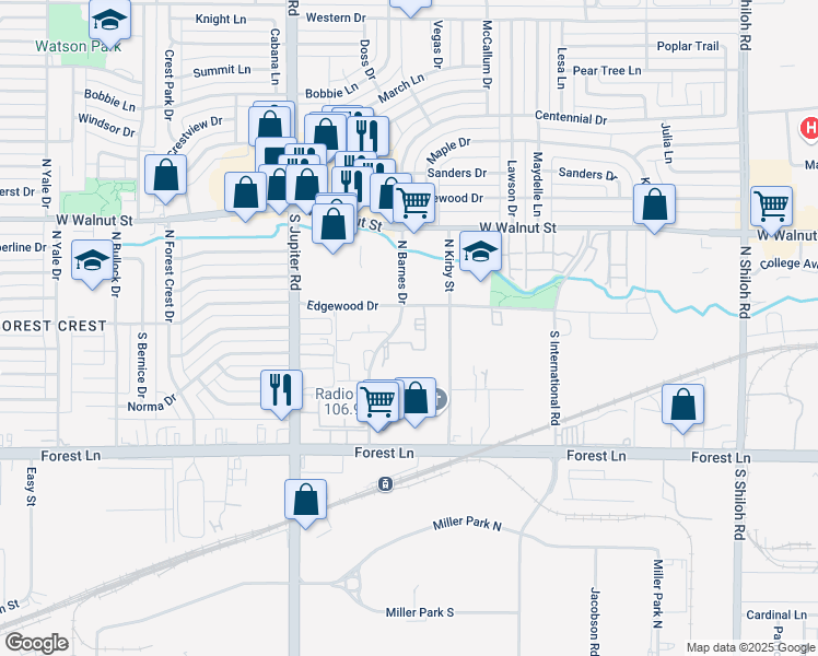 map of restaurants, bars, coffee shops, grocery stores, and more near 110 South Barnes Drive in Garland