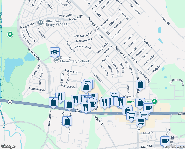 map of restaurants, bars, coffee shops, grocery stores, and more near 6014 Cypress Drive in Rowlett