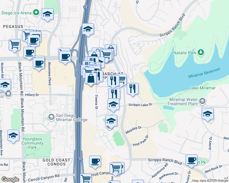 map of restaurants, bars, coffee shops, grocery stores, and more near 9939 Hibert Street in San Diego