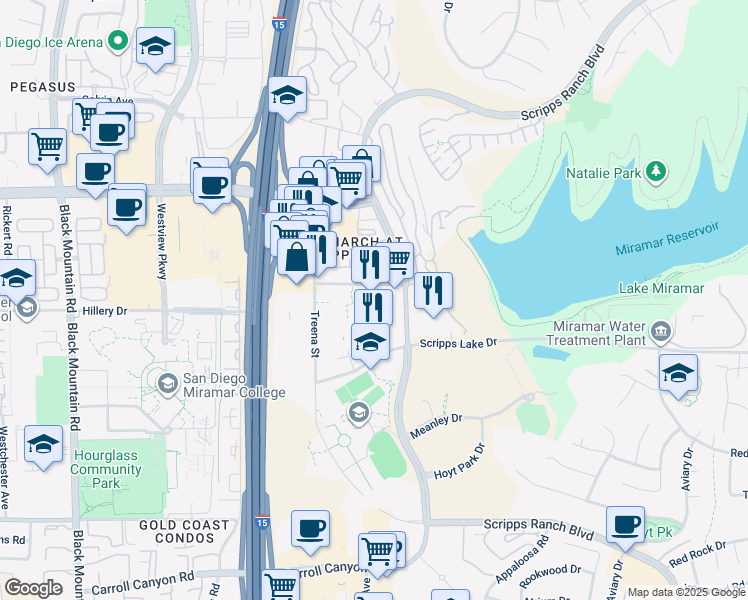 map of restaurants, bars, coffee shops, grocery stores, and more near 9939 Hibert Street in San Diego