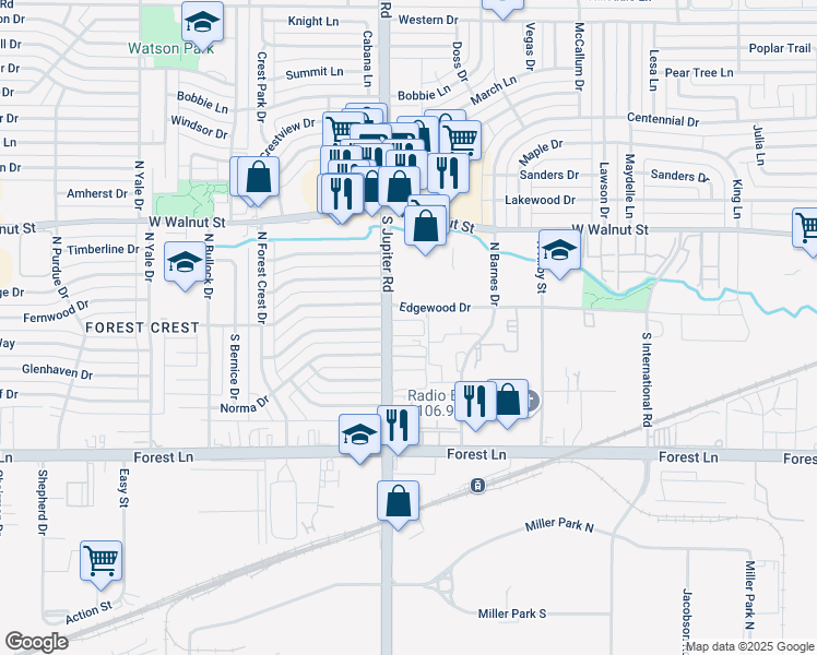 map of restaurants, bars, coffee shops, grocery stores, and more near 200 South Jupiter Road in Garland